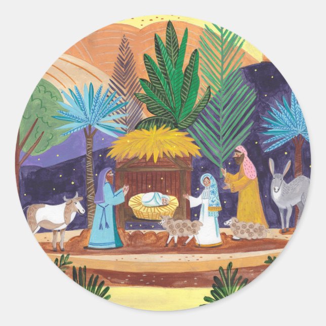 Religious Nativity Scene Glory to God Christmas Classic Round Sticker (Front)