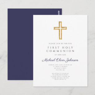Religious Navy Blue Boy First Communion Invitation Postcard