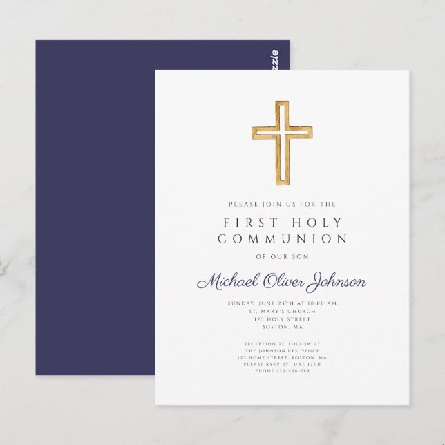 Religious Navy Blue Boy First Communion Invitation Postcard (Front/Back)