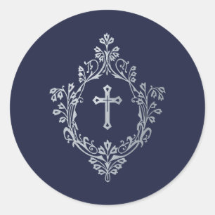 Religious Navy Blue Faux Silver Cross in Crest  Classic Round Sticker