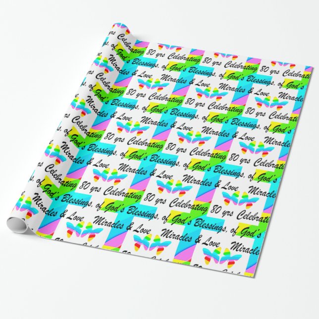 RELIGIOUS PERSONALIZED 80TH BIRTHDAY DESIGN WRAPPING PAPER (Unrolled)