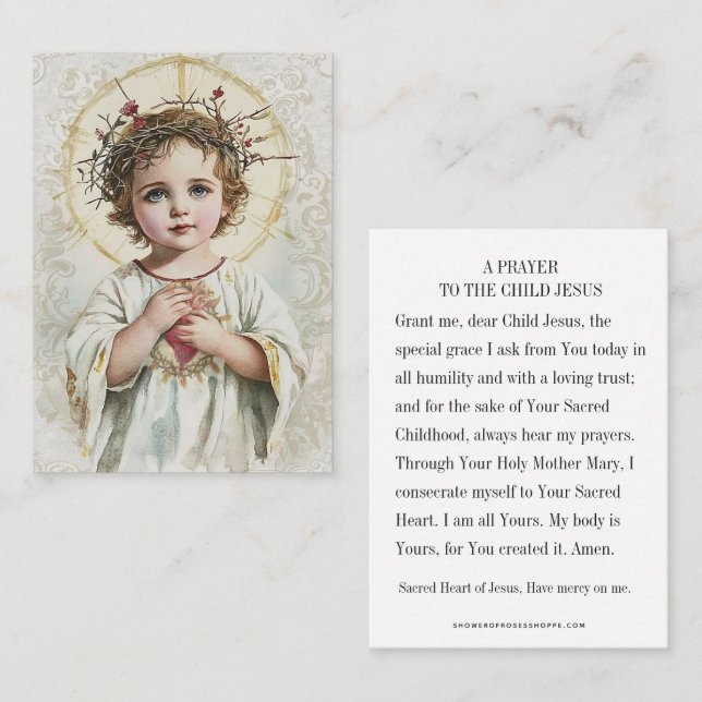 Religious Prayer to Sacred Heart Child Jesus Place Card (Front/Back)