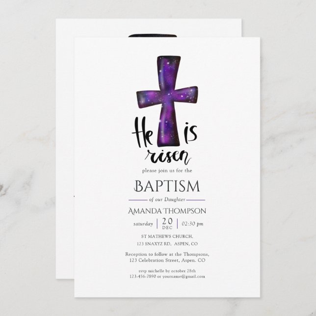 Religious Purple Galaxy Christian Baptism Invitation (Front/Back)