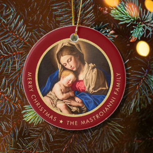Religious Red & Gold Madonna & Child Christmas Ceramic Ornament