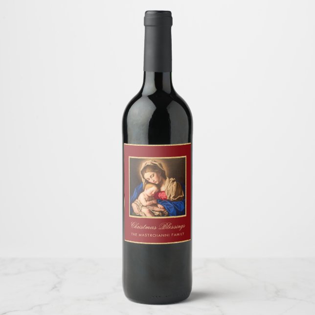 Religious Red Gold Madonna & Child Christmas Wine Label (Front)