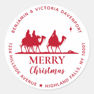 Religious Red Merry Christmas Return Address Classic Round Sticker