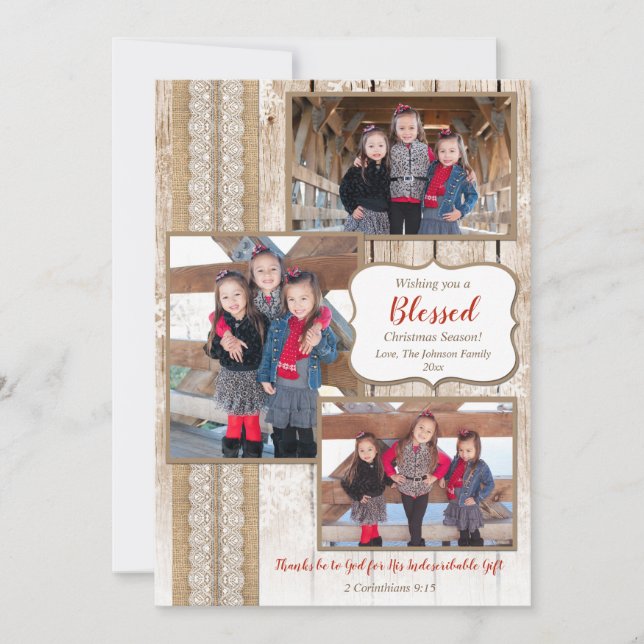 Religious rustic wood 3 photo Christmas card (Front)
