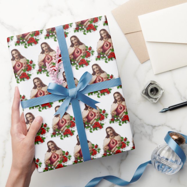 Religious Sacred Heart Jesus Red Roses  Wrapping Paper (Gifting)