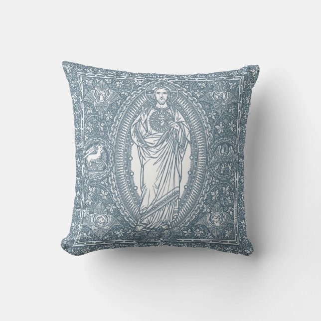 Religious Sacred Heart of Jesus Blue and White Art Throw Pillow (Front)