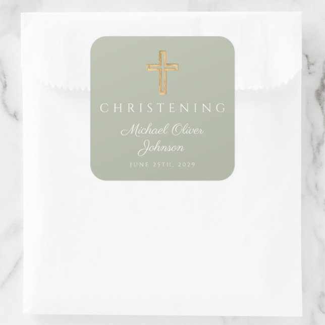 Religious Sage Green Wood Cross Christening  Square Sticker (Bag)