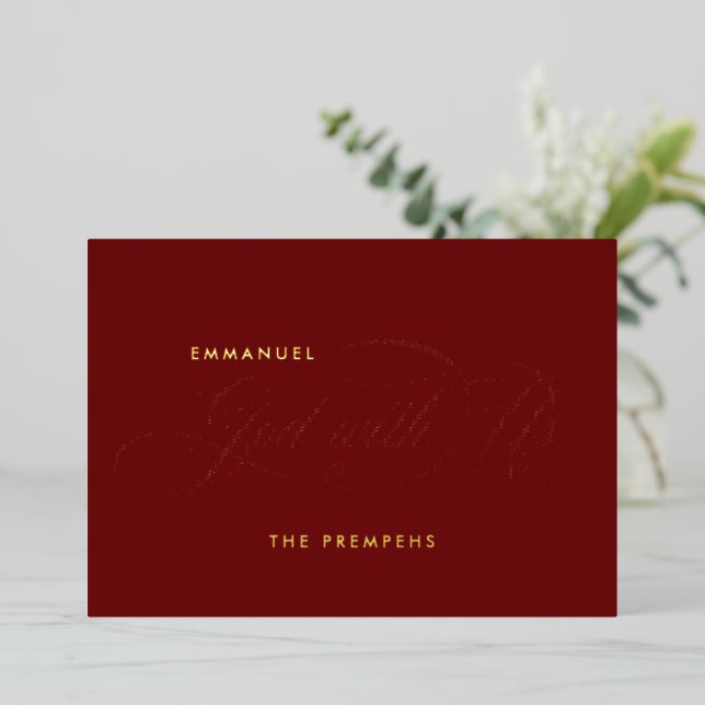 Religious Script Emmanuel God With Us Red & Gold Foil Holiday Card (Standing Front)