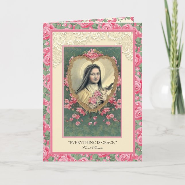 Religious St. Therese Pink Vintage Roses Quote  Card (Front)