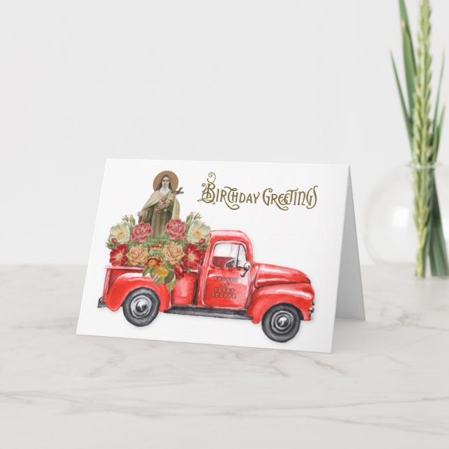 Religious St. Therese Red Truck Catholic Birthday Card (Front)
