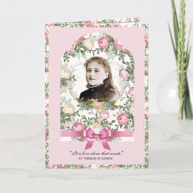 Religious St. Therese Vintage Pink Roses Prayer Card (Front)