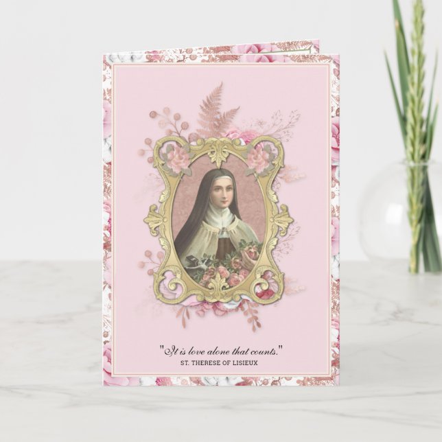 Religious St. Therese Vintage Pink Roses Prayer  Card (Front)