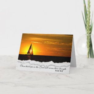 religious sympathy-sunset with sailboat on lake card