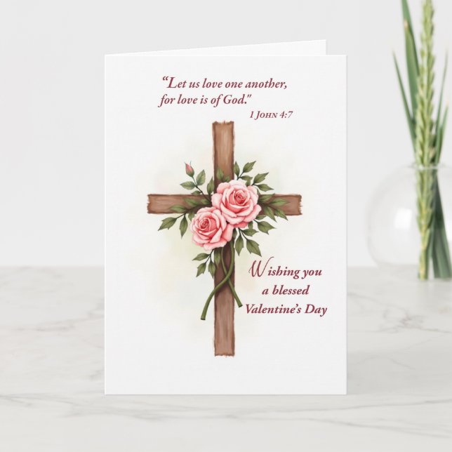 Religious Valentine’s Day Cross Roses Scripture Card (Front)