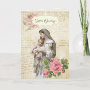 Religious Vintage Happy  Easter Mary Jesus Floral Card
