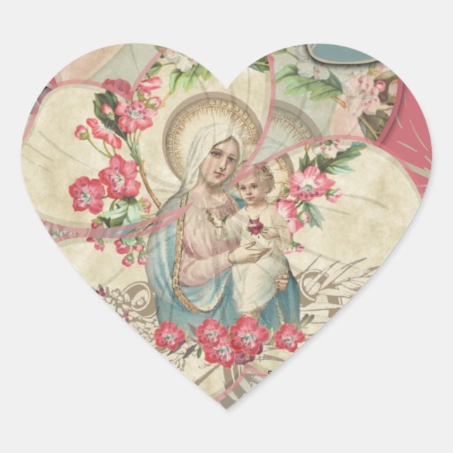 Religious Virgin Mary Baby Jesus Floral Petals Heart Sticker (Front)