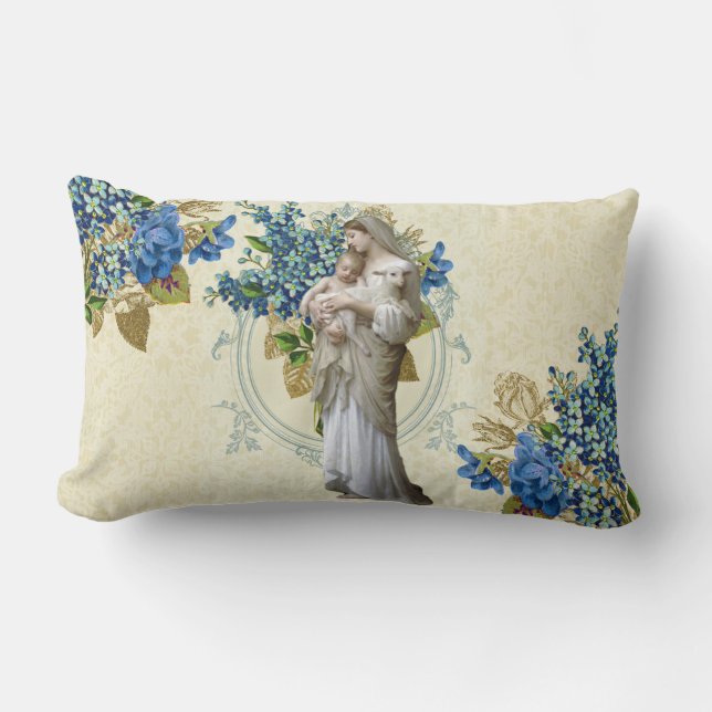 Religious Virgin Mary Baby Jesus Lamb Floral Lumbar Pillow (Front)