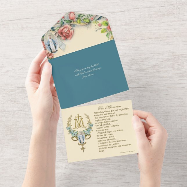 Religious Virgin Mary Birds Pink Roses All In One Invitation (Tearaway)