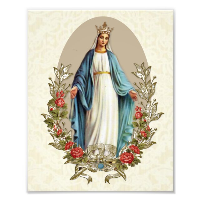 Religious Virgin Mary Catholic Red Roses and Lace Photo Print (Front)