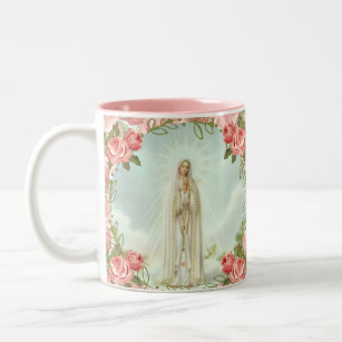 Religious Virgin Mary Fatima Pink Vintage Roses  Two-Tone Coffee Mug