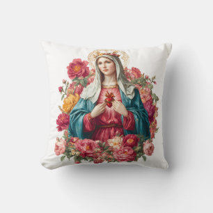 Religious Virgin Mary Floral Our Lady Christian  Throw Pillow