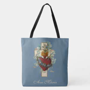 Religious Virgin Mary Heart Floral Cross  Tote Bag