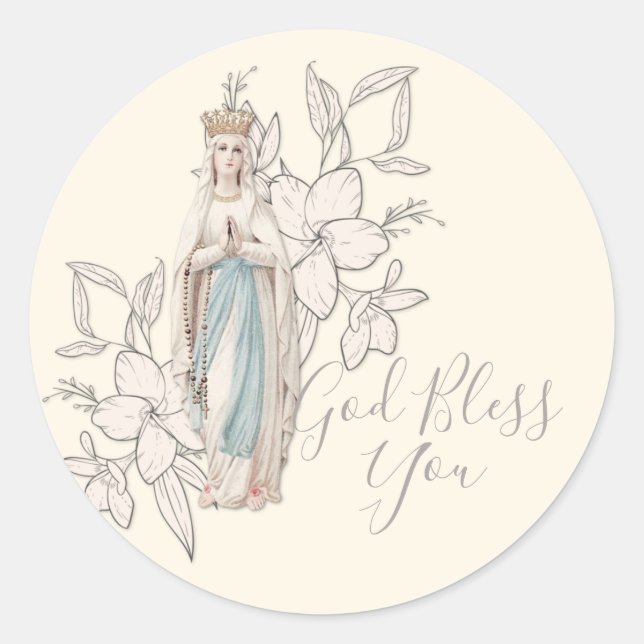 Religious Virgin Mary Lourdes God Bless You Classic Round Sticker (Front)