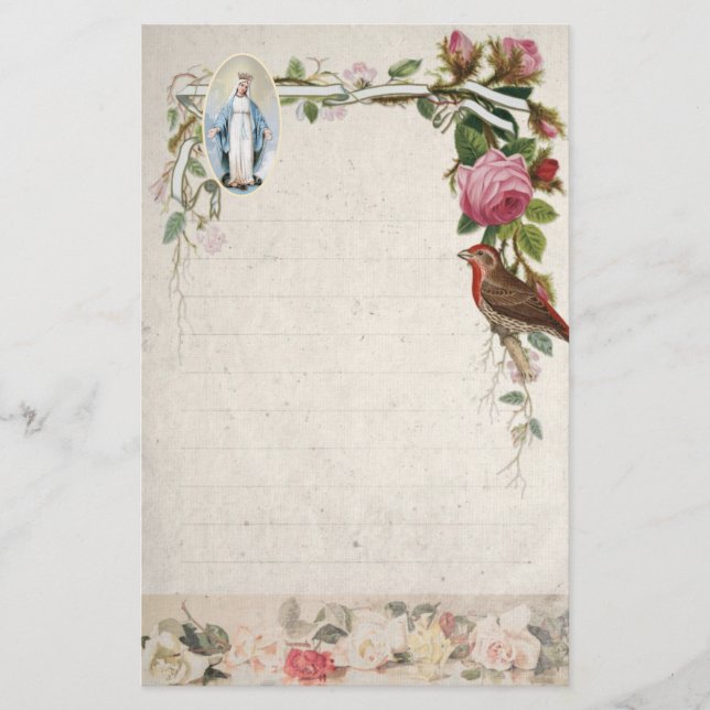 Religious Virgin Mary Vintage Catholic Floral Stationery (Front)