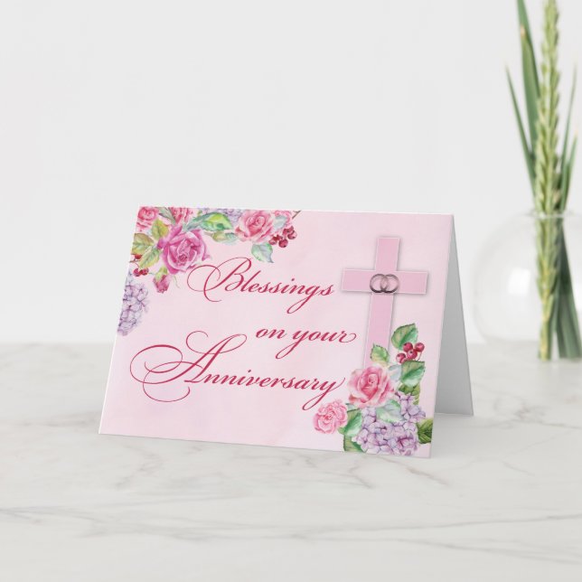 Religious Wedding Anniversary Rings Pink Cross Card (Front)