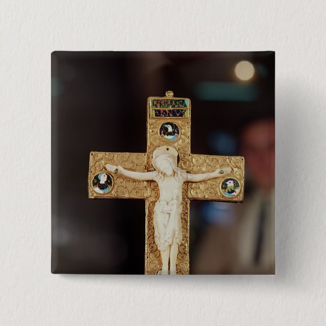 Reliquary crucifix, ivory Christ on gold cross 2 Inch Square Button (Front)