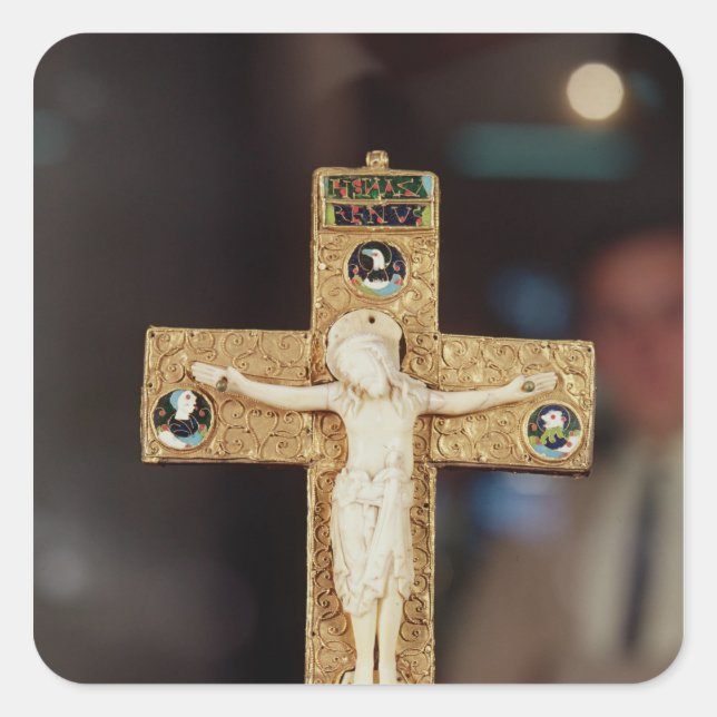 Reliquary crucifix, ivory Christ on gold cross Square Sticker (Front)