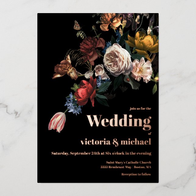 Rembrandt Dark and Moody Floral Foil Invitation (Front)