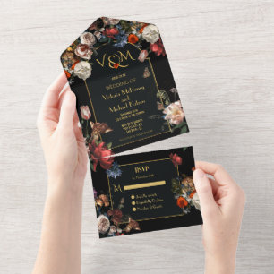 Rembrandt Dark & Moody Floral Wedding Initials All In One Invitation