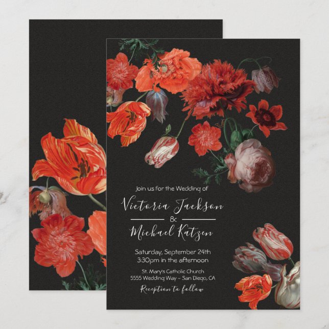 Rembrandt Floral Dark & Moody Faire-part de mariag (Devant / Derrière)