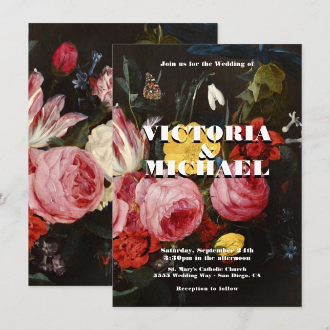 Rembrandt Floral Dark & Moody Faire-part de mariag (Devant / Derrière)