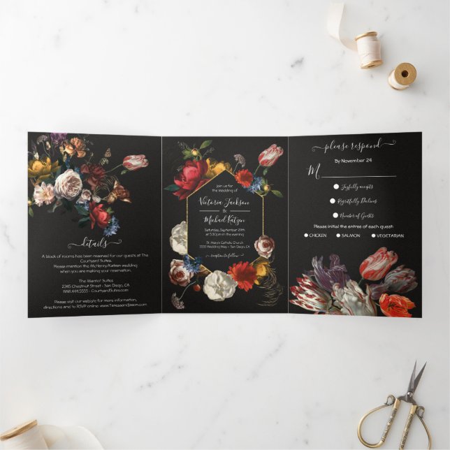 Rembrandt Floral Dark & Moody Mariage Tri-Fold Inv (Intérieur)