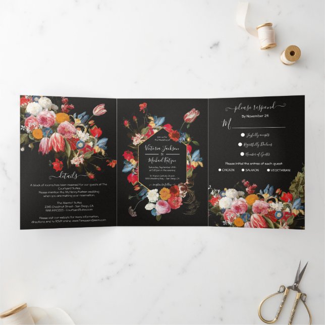 Rembrandt Floral Dark & Moody Wedding Kessel Tri-Fold Invitation (Inside)
