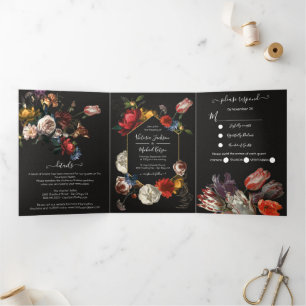 Rembrandt Floral Dark & Moody Wedding Tri-Fold Invitation