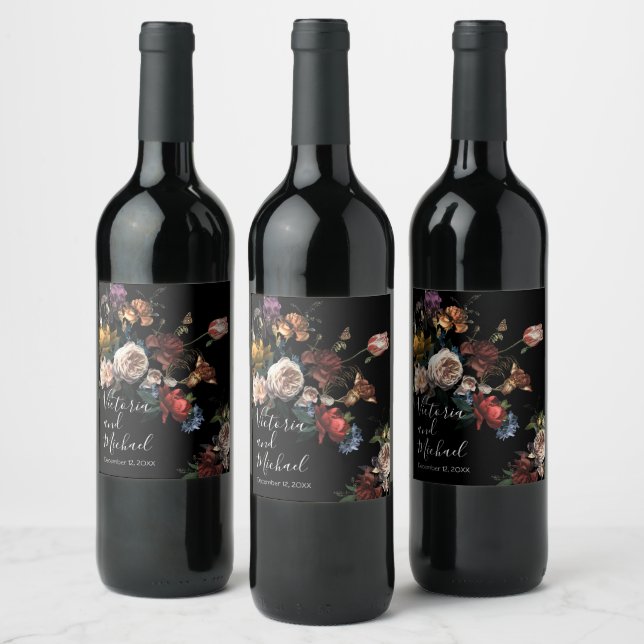 Rembrandt Floral Dark & Moody Wedding Wine Label (Bottles)