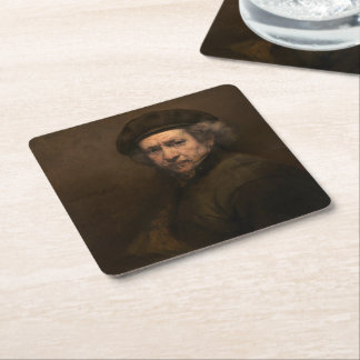 Rembrandt Self Portrait: Dutch Golden Age Painter Square Paper Coaster
