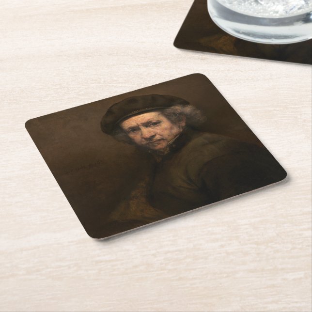Rembrandt Self Portrait: Dutch Golden Age Painter Square Paper Coaster (Angled)