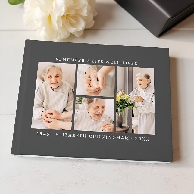 Remember A Life Modern Simple 4 Photo Collage Guest Book (Creator Uploaded)