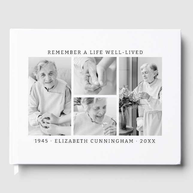 Remember A Life Modern Simple 4 Photo Collage Guest Book (Front)
