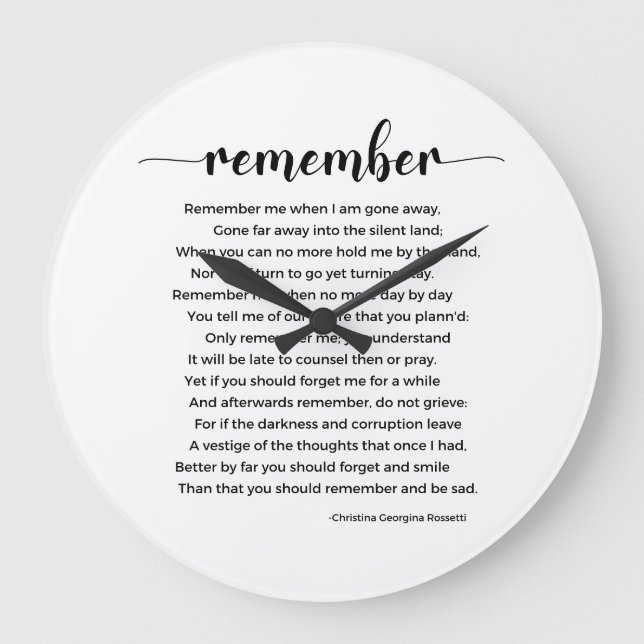 Remember Poem by Christina Georgina Rossetti Large Clock (Front)