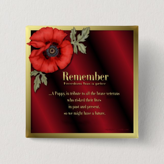 Remember Poppy 2 Inch Square Button (Front)