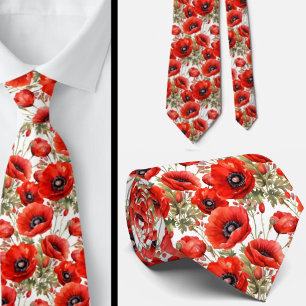 Remembrance Day Red Poppies Poppy Floral Neck TIe