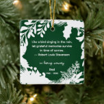 Remembrance Grateful Memories Quote Greenery Photo Ceramic Ornament<br><div class="desc">A true keepsake of someone who you miss terribly. Ornament in dark red with winter greenery framing a quote "Like a bird singing in the rain,  let grateful memories service in time of sorrow" by Robert Lous Stevenson</div>
